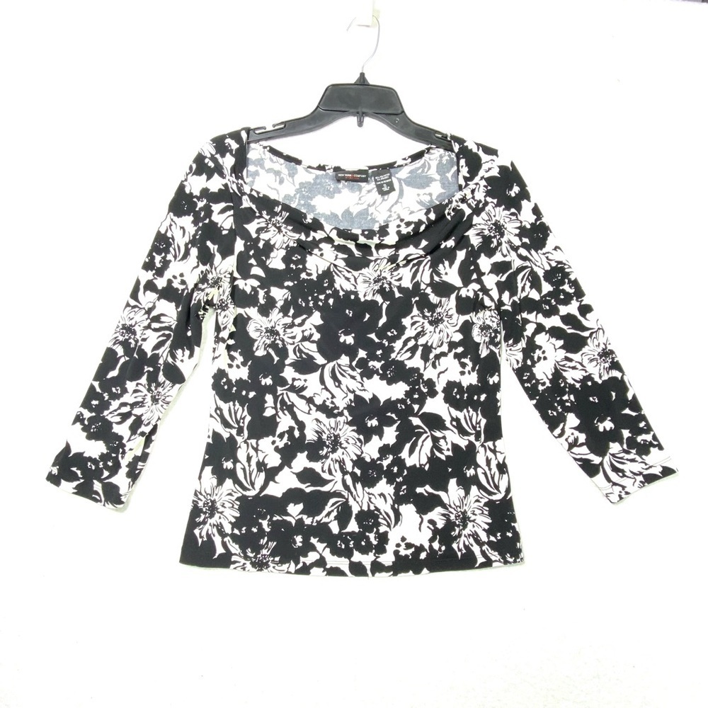 New York & Company Blouse Women's S Black & White Floral 3/4 Sleeve Cowl Neck